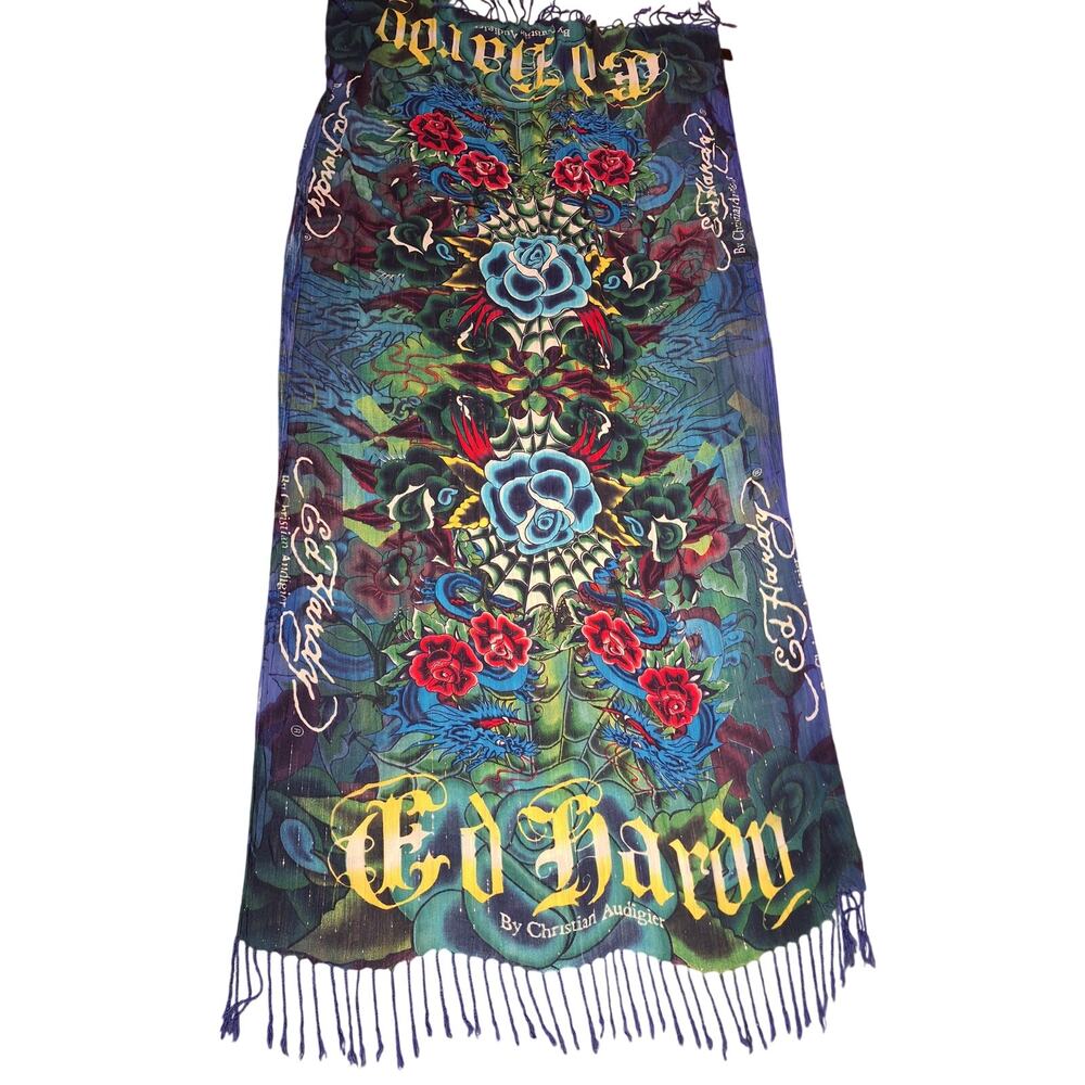Ed Hardy fringe scarf shawl wrap Y2K vintage tattoo print dragons roses indie